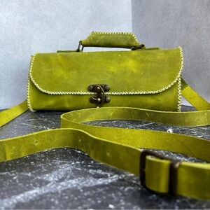 Lime Green Minimalist Rustic 100% Leather Crossbody Shoulder Bag with Top Handle